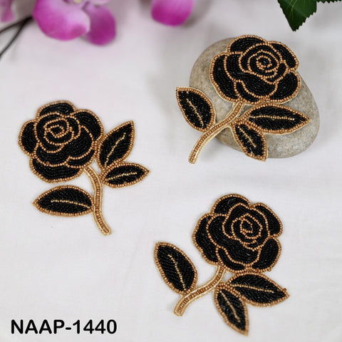 4 Hand Beaded Black & Gold Rose Patch, Embroidered Floral Applique, Sew-On Rose Motif for Jackets, Bags, Dress, Costumes, Halloween Festival