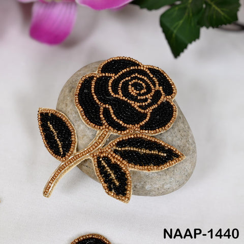 4 Hand Beaded Black & Gold Rose Patch, Embroidered Floral Applique, Sew-On Rose Motif for Jackets, Bags, Dress, Costumes, Halloween Festival