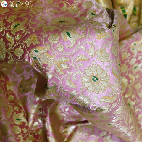 Pink Banarasi Silk Brocade Fabric By Yard – Floral Indian Wedding Dress Material