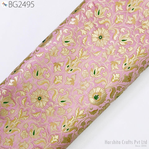 Pink Banarasi Silk Brocade Fabric By Yard – Floral Indian Wedding Dress Material