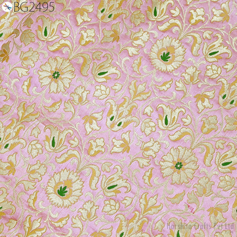 Pink Banarasi Silk Brocade Fabric By Yard – Floral Indian Wedding Dress Material