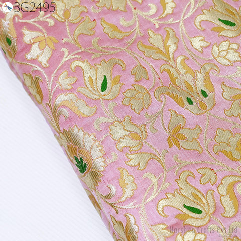 Pink Banarasi Silk Brocade Fabric By Yard – Floral Indian Wedding Dress Material