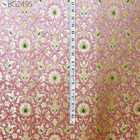 Pink Banarasi Silk Brocade Fabric By Yard – Floral Indian Wedding Dress Material