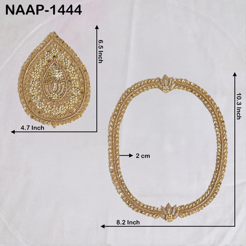 Gold Zardozi Neckline Applique Tear drop | Large Hand Embroidered Pearl & Sequin Patch for Bridal Gown, Saree Blouse, Couture Jacket