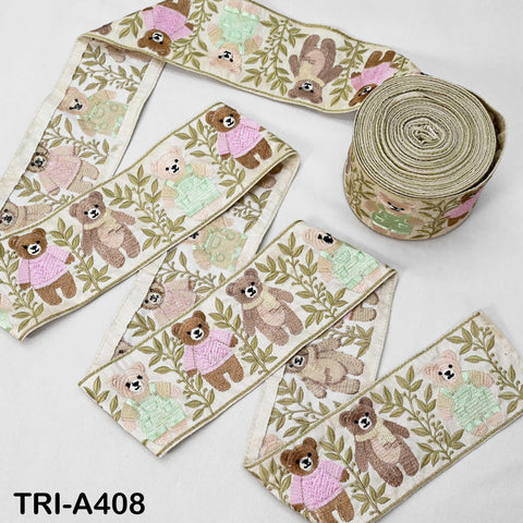 Embroidered Teddy Bear Ribbon – 75mm Indian Sari Border for Crafts, Sewing, Décor