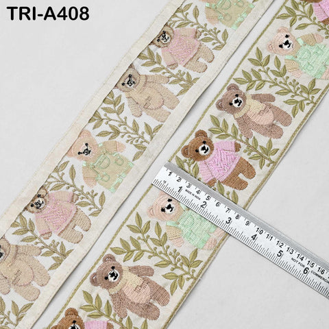 Embroidered Teddy Bear Ribbon – 75mm Indian Sari Border for Crafts, Sewing, Décor