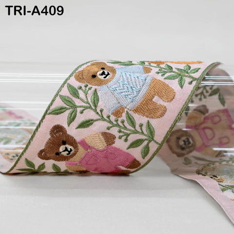 Embroidered Teddy Bear Ribbon Pink – 75mm Indian Sari Border for Crafts, Sewing, Décor (9 Yard)
