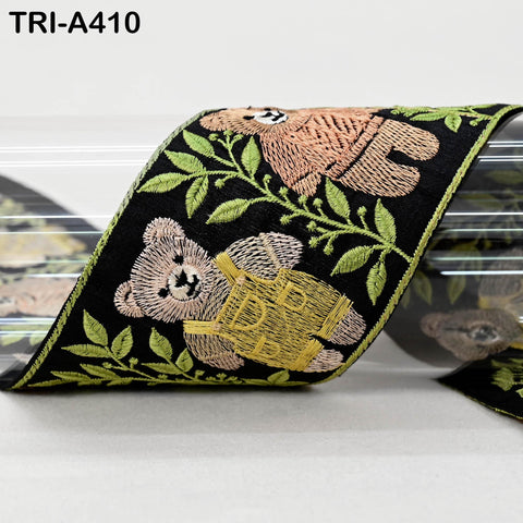 Embroidered Teddy Bear Ribbon Black – 75mm Indian Sari Border for Crafts, Sewing, Décor (9 Yard)