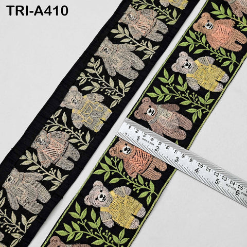 Embroidered Teddy Bear Ribbon Black – 75mm Indian Sari Border for Crafts, Sewing, Décor (9 Yard)