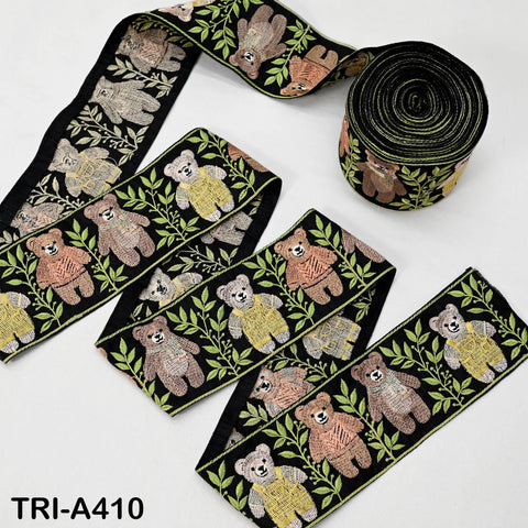 Embroidered Teddy Bear Ribbon Black – 75mm Indian Sari Border for Crafts, Sewing, Décor (9 Yard)