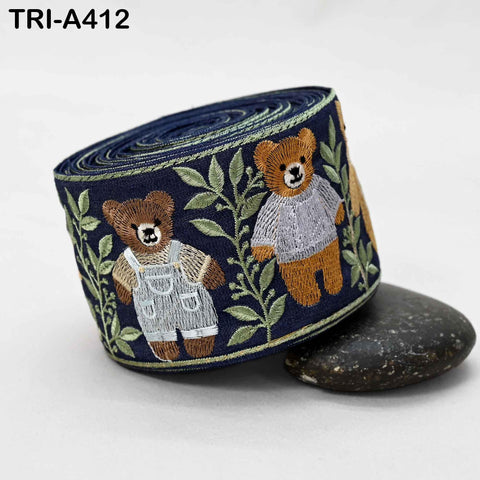 Embroidered Teddy Bear Ribbon on Denim Fabric– 75mm Indian Sari Border for Crafts, Sewing, Décor (9 Yard)