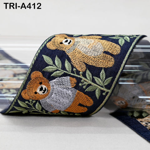 Embroidered Teddy Bear Ribbon on Denim Fabric– 75mm Indian Sari Border for Crafts, Sewing, Décor (9 Yard)