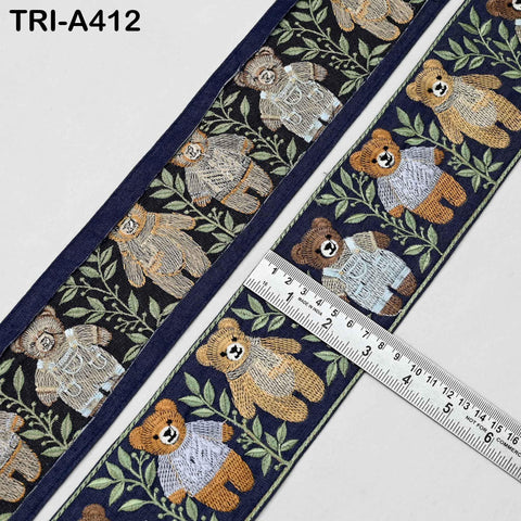 Embroidered Teddy Bear Ribbon on Denim Fabric– 75mm Indian Sari Border for Crafts, Sewing, Décor (9 Yard)