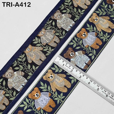 Embroidered Teddy Bear Ribbon on Denim Fabric– 75mm Indian Sari Border for Crafts, Sewing, Décor (9 Yard)