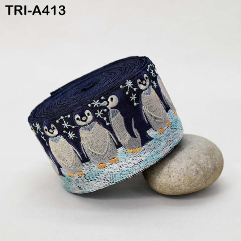 Embroidered Penguin Ribbon Holiday's – 75mm Denim Fabric Trim for Crafts, Sewing, Décor (9 Yard)