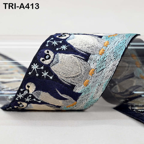 Embroidered Penguin Ribbon Holiday's – 75mm Denim Fabric Trim for Crafts, Sewing, Décor (9 Yard)