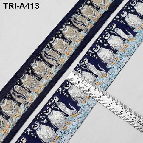 Embroidered Penguin Ribbon Holiday's – 75mm Denim Fabric Trim for Crafts, Sewing, Décor (9 Yard)