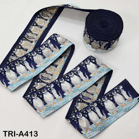 Embroidered Penguin Ribbon Holiday's – 75mm Denim Fabric Trim for Crafts, Sewing, Décor (9 Yard)