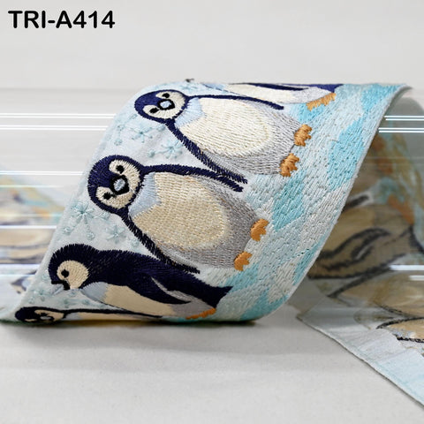 Embroidered Penguin Ribbon Trim – 3 inches Ice Blue Sari Border for Crafts (9 Yard)