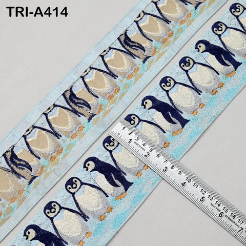 Embroidered Penguin Ribbon Trim – 3 inches Ice Blue Sari Border for Crafts (9 Yard)