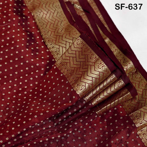 Pure Silk Brocade Fabric by Yard, Maroon Gold Zari Border, Wedding Costume Home Decor