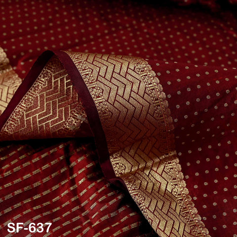 Pure Silk Brocade Fabric by Yard, Maroon Gold Zari Border, Wedding Costume Home Decor