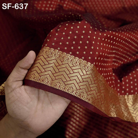 Pure Silk Brocade Fabric by Yard, Maroon Gold Zari Border, Wedding Costume Home Decor