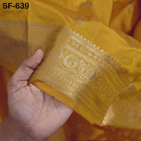 Pure Silk Brocade Fabric by Yard, Yellow Gold Zari Border, Wedding Costume Home Decor
