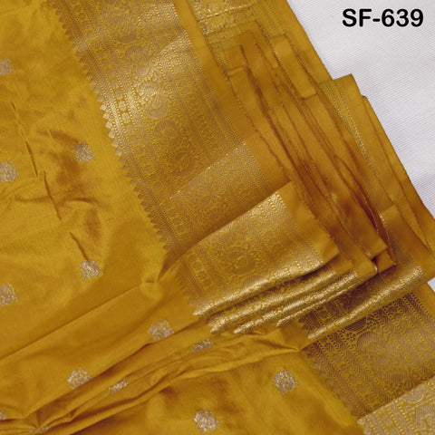 Pure Silk Brocade Fabric by Yard, Yellow Gold Zari Border, Wedding Costume Home Decor