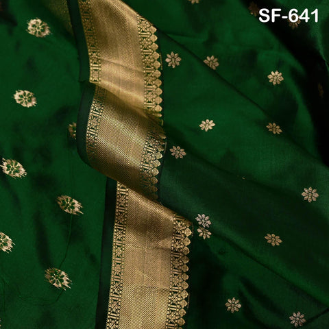 Pure Silk Brocade Fabric by Yard, Green Gold Zari Border, Wedding Costume Home Decor