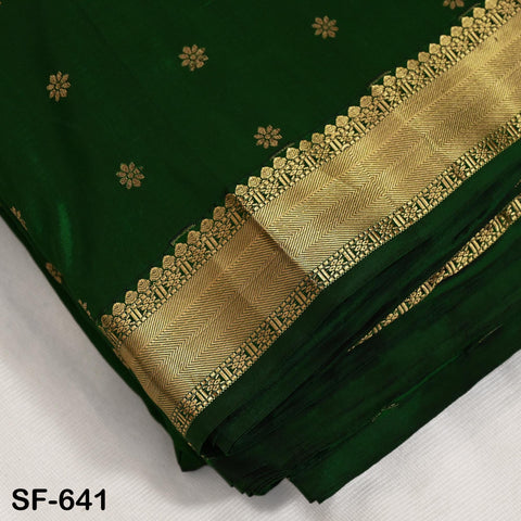 Pure Silk Brocade Fabric by Yard, Green Gold Zari Border, Wedding Costume Home Decor