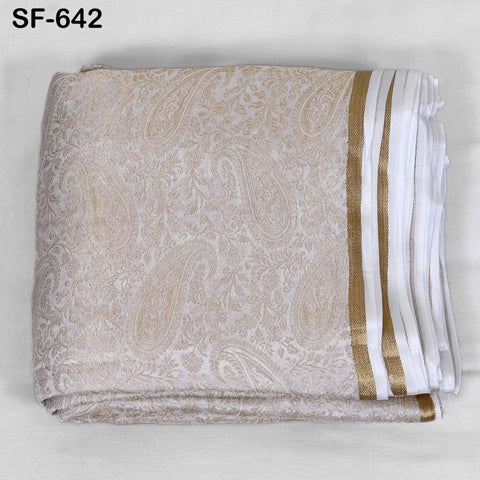 Pure Silk Tissue Jacquard Crepe Fabric, Paisley Gold Border, White Sheen (44" Width)