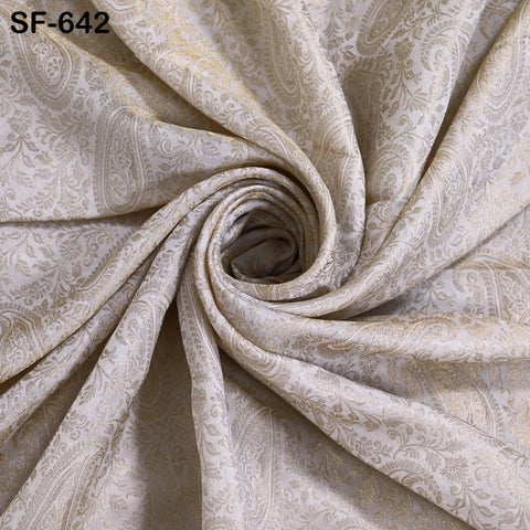 Pure Silk Tissue Jacquard Crepe Fabric, Paisley Gold Border, White Sheen (44" Width)