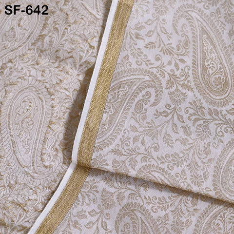 Pure Silk Tissue Jacquard Crepe Fabric, Paisley Gold Border, White Sheen (44" Width)