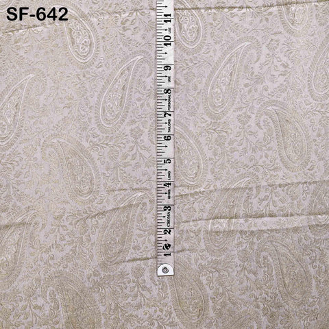 Pure Silk Tissue Jacquard Crepe Fabric, Paisley Gold Border, White Sheen (44" Width)