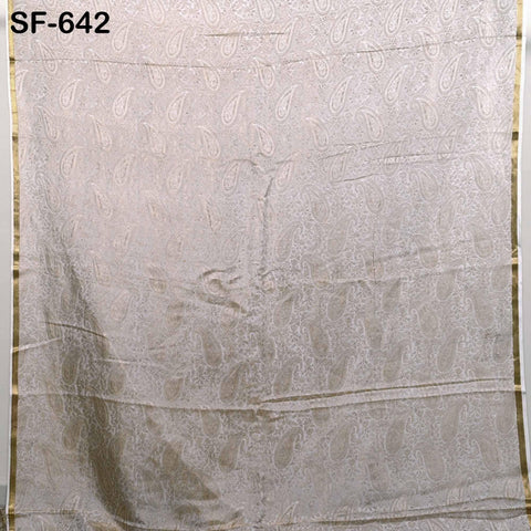 Pure Silk Tissue Jacquard Crepe Fabric, Paisley Gold Border, White Sheen (44" Width)