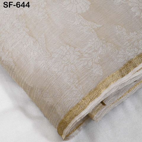 Silk Crepe Tissue Crush Jacquard Fabric, Floral Gold Border, White Sheen (44" Width)