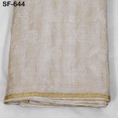 Silk Crepe Tissue Crush Jacquard Fabric, Floral Gold Border, White Sheen (44" Width)