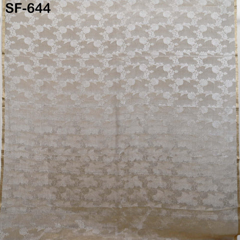 Silk Crepe Tissue Crush Jacquard Fabric, Floral Gold Border, White Sheen (44" Width)