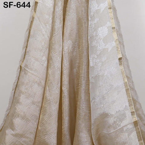 Silk Crepe Tissue Crush Jacquard Fabric, Floral Gold Border, White Sheen (44" Width)