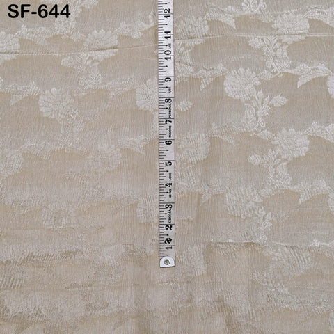Silk Crepe Tissue Crush Jacquard Fabric, Floral Gold Border, White Sheen (44" Width)