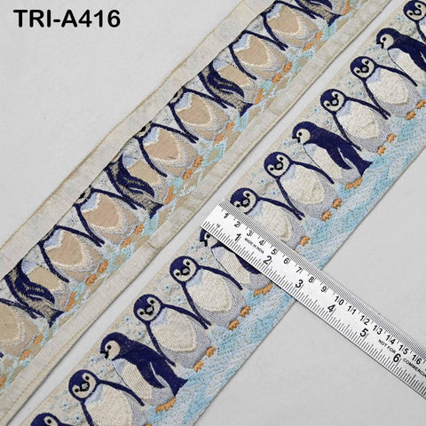 Embroidered Penguin Ribbon Trim – 3 inches Ivory Sari Border for Crafts (1 Meter)