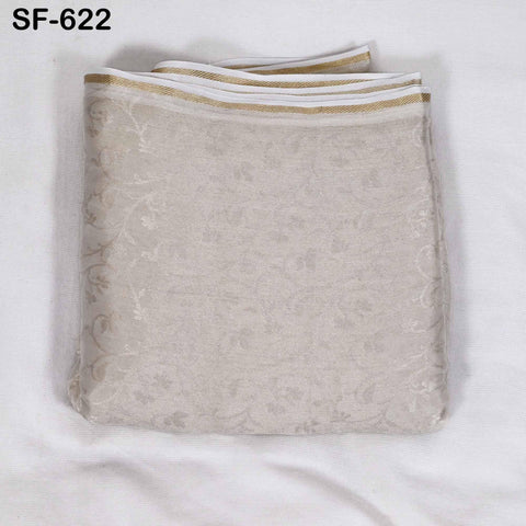 Pure Silk Tissue Jaquard Crepe Fabric by Yard, Gold Border White Sheen, 44" Width
