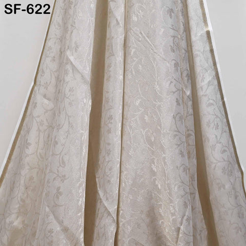 Pure Silk Tissue Jaquard Crepe Fabric by Yard, Gold Border White Sheen, 44" Width