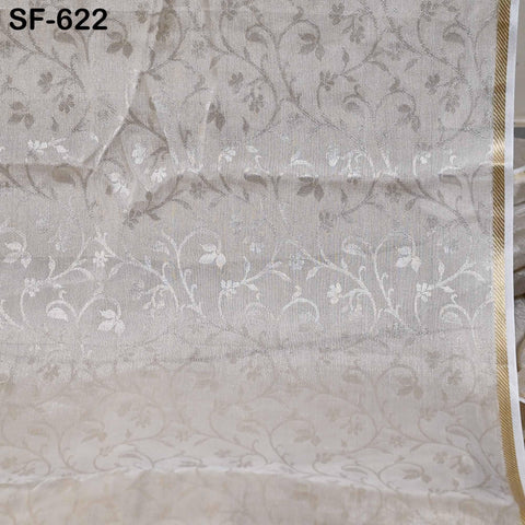Pure Silk Tissue Jaquard Crepe Fabric by Yard, Gold Border White Sheen, 44" Width
