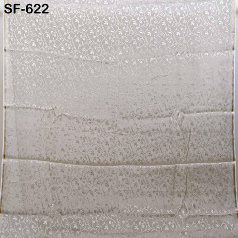 Pure Silk Tissue Jaquard Crepe Fabric by Yard, Gold Border White Sheen, 44" Width