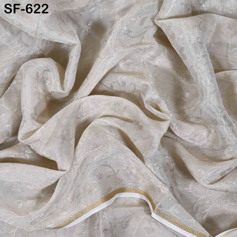 Pure Silk Tissue Jaquard Crepe Fabric by Yard, Gold Border White Sheen, 44" Width