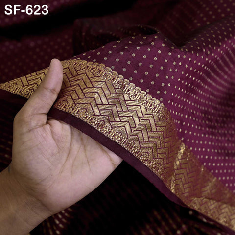 Pure Silk Brocade Fabric by Yard, Burgundy Gold Zari Border, Wedding Costume Home Decor
