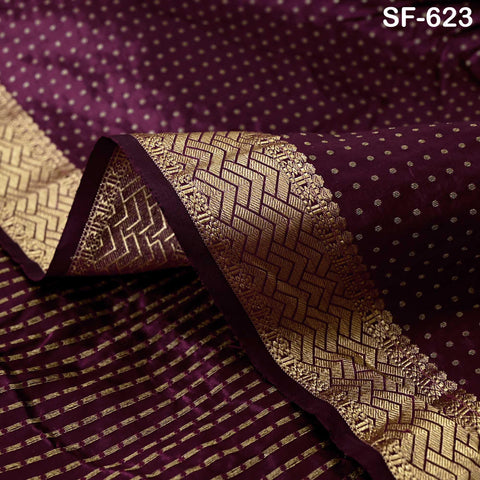 Pure Silk Brocade Fabric by Yard, Burgundy Gold Zari Border, Wedding Costume Home Decor