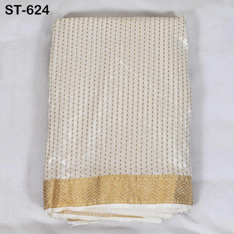 Pure Silk Brocade Fabric by Yard, Ivory Gold Zari Border, Wedding Costume Home Decor